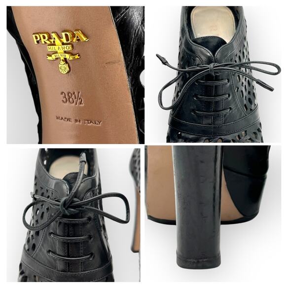 Prada Womens Heels Perforated Lace-Up Platform Black Leather Peep Toe - Picture 7 of 15